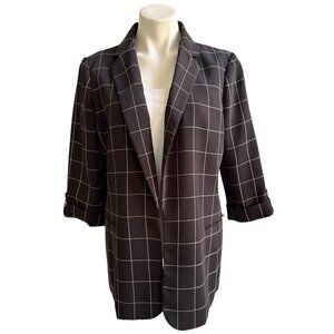 Calvin Klein Windowpane Black Blazer, 3/4 Sleeves Button Detail Women's Size 12